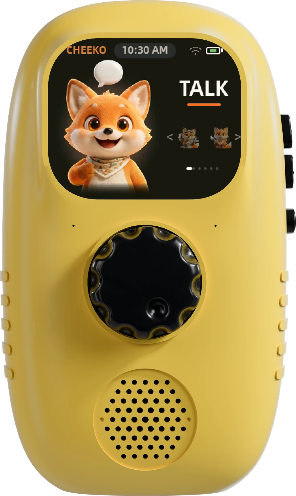 The Cheeko device in yellow, with its parts labelled: the screen, card slot at the back, rotary dial, front speaker, side buttons for power and volume, a headphone jack for private listening, and USB-C charging